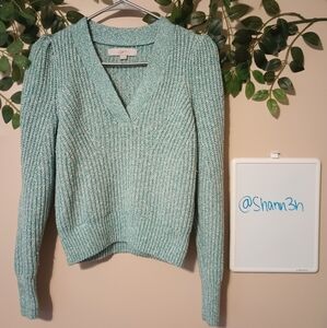 LOFT Women's V-Neck Puff Sleeved Sweater Teal - XS
